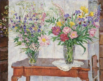 Modern Decor Flowers Painting - TWO BOUQUETS OF MULTI COLOURED FLOWERS BY A STOVE Petr Petrovich Konchalovsky modern